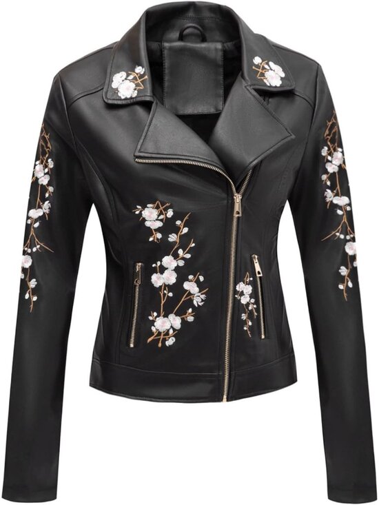 Jackets & Blazers - Women's Black Faux Leather Jacket Slim Spring Fall Pockets Floral Moto Coat
